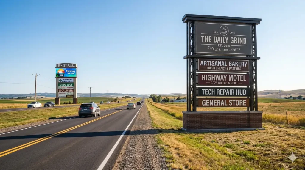 Large roadside business sign designed for long viewing distance