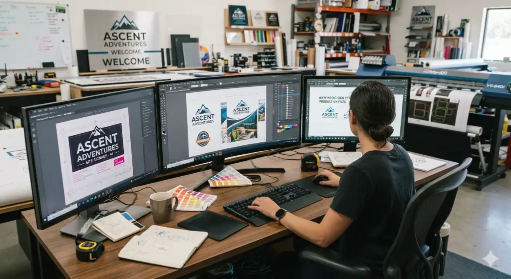 High-resolution artwork being prepared for large-format sign printing