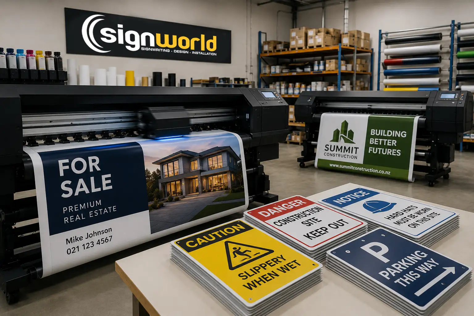 Wide-format printers producing high-quality real estate, construction, parking and custom signs in a modern New Zealand sign manufacturing workshop.