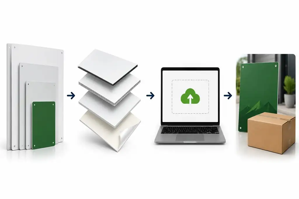 Custom sign ordering process showing sign sizes, material options, artwork upload and nationwide delivery in New Zealand