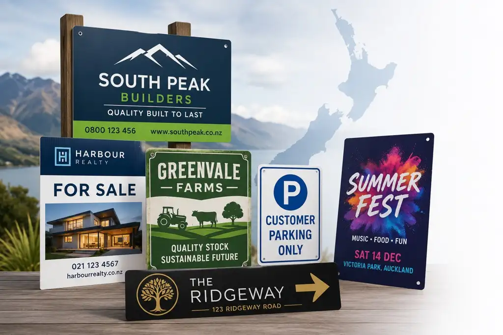 New Zealand custom sign printing service featuring business signs, property signs, real estate signs, farm signs, parking signs and promotional signage.